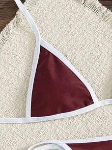 Bonvoyette Summer Holiday Color Stitching Halter Backless Bikini Set Holiday Pool Party Burgundy - Multicolor - View 4