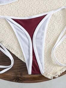 Bonvoyette Summer Holiday Color Stitching Halter Backless Bikini Set Holiday Pool Party Burgundy - Multicolor - View 5