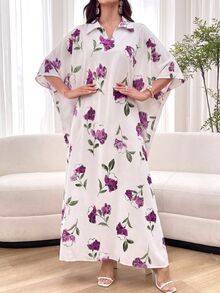 Al Najma 領口印花多色寬鬆短袖洋裝 度假花卉洋裝 秋季端莊白色 - 彩色 - 查看 9