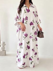 Al Najma 領口印花多色寬鬆短袖洋裝 度假花卉洋裝 秋季端莊白色 - 彩色 - 查看 2