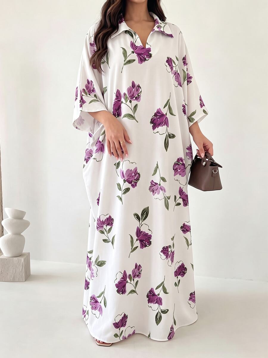 Al Najma 領口印花多色寬鬆短袖洋裝 度假花卉洋裝 秋季端莊白色