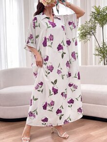 Al Najma 領口印花多色寬鬆短袖洋裝 度假花卉洋裝 秋季端莊白色 - 彩色 - 查看 7