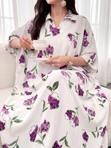 Al Najma 領口印花多色寬鬆短袖洋裝 度假花卉洋裝 秋季端莊白色 - 彩色 - 查看 4