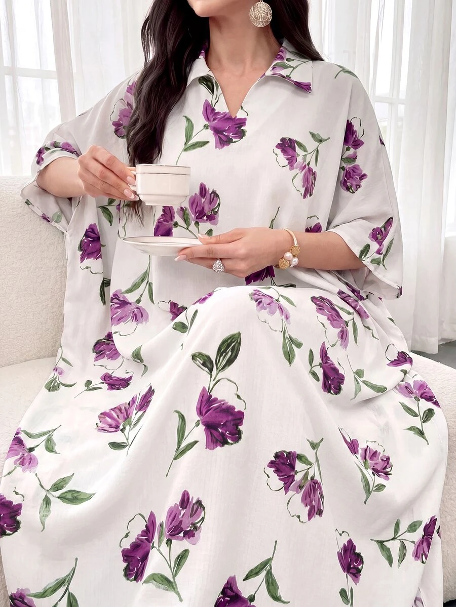 Al Najma Collared Printed Multicolor Loose Short Sleeve Dress Holiday Floral Dress Autumn Modest White