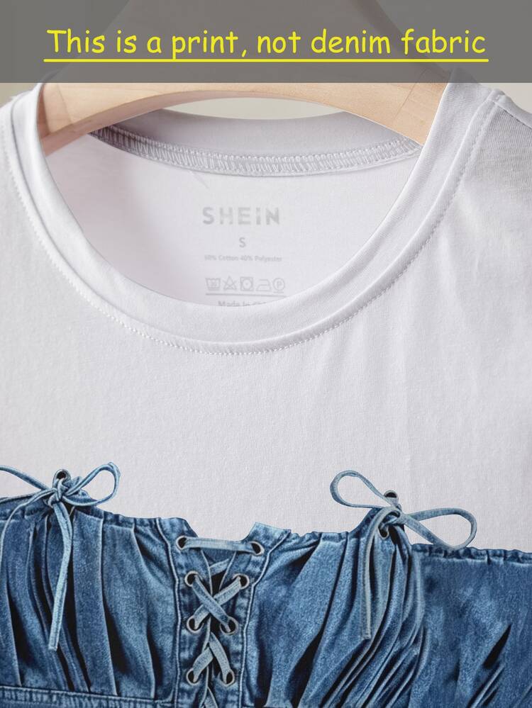 Lalippa Women's Casual Denim Effect Drop Shoulder Short Sleeve T-Shirt, Summer - Multicolor - View 3