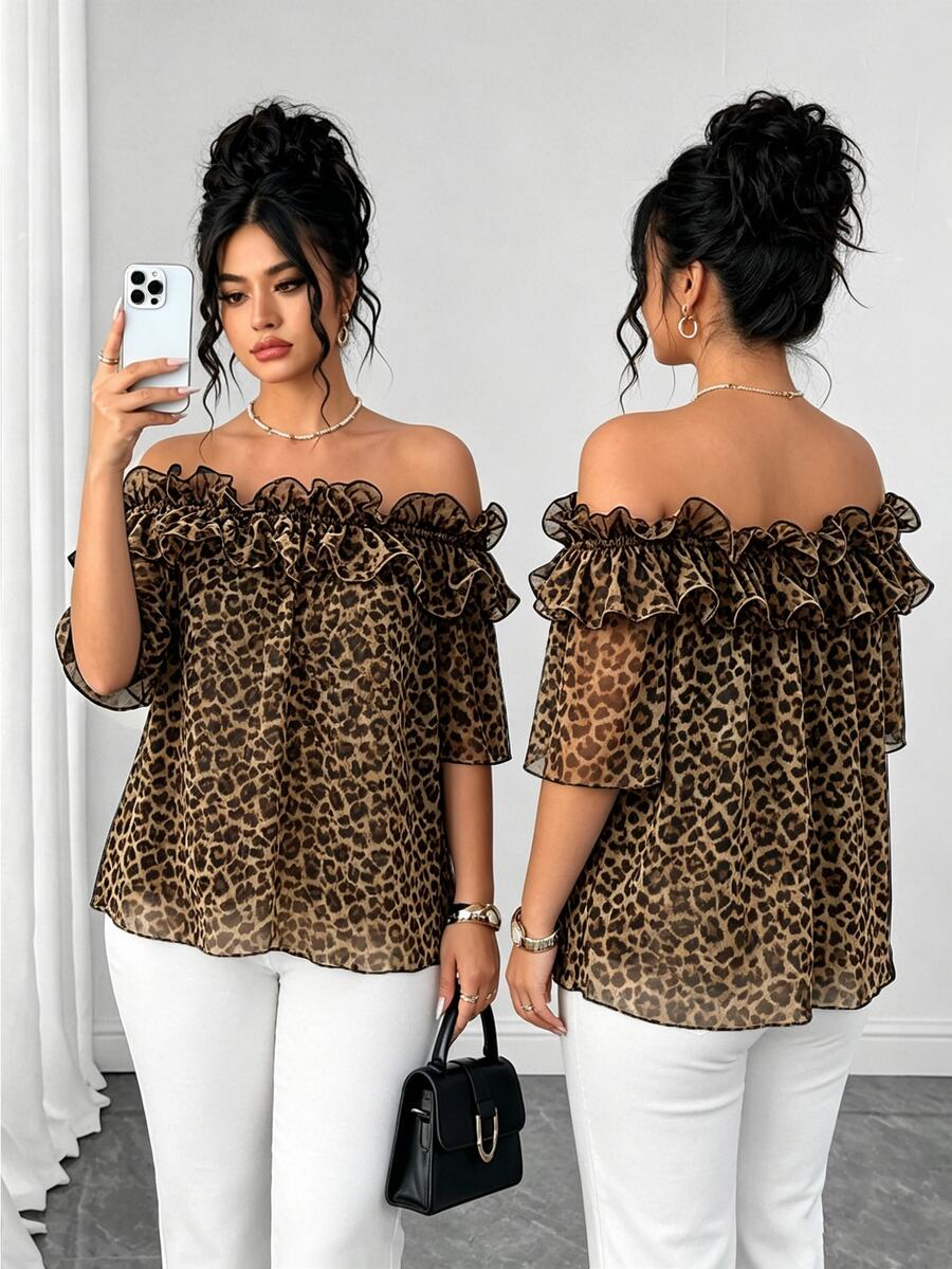 Elenzga Elegant Commuter Lady Elegant Ruffle Leopard Print Short Sleeve Off-Shoulder Chiffon Plus Size Women's Top Spring Summer Vacation Beach - Multicolor - View 1