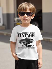 SHEIN Vintage Racing Car Cartoon Print Casual Crew Neck Short Sleeve Top For Baby Boy, Suitable For Summer - White - View 3