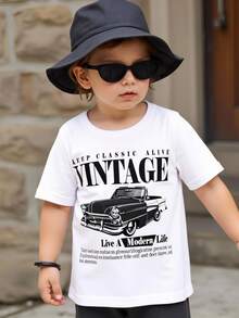 SHEIN Vintage Racing Car Cartoon Print Casual Crew Neck Short Sleeve Top For Baby Boy, Suitable For Summer - White - View 5