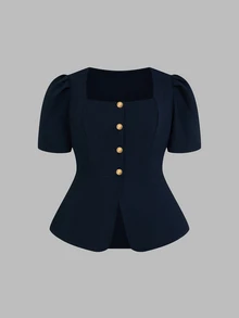 SHEIN Clasi 大码女士优雅休闲/工作简约华夫格短袖衬衫 - 藍色 - 查看 3