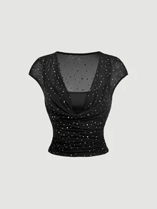 SHEIN MOD 女款波點百褶休閒百搭日常穿著T恤 - 黑色 - 查看 2