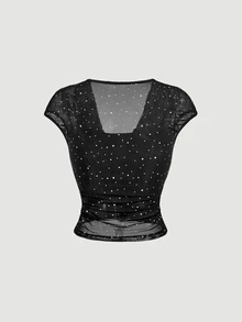 SHEIN MOD 女款波點百褶休閒百搭日常穿著T恤 - 黑色 - 查看 4