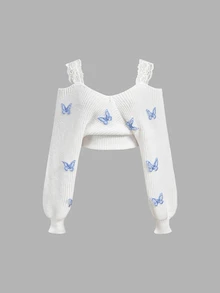 SHEIN MOD Women's 3D Butterfly Decor Off-Shoulder Sweater - White - View 5