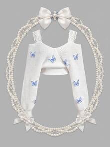 SHEIN MOD Women's 3D Butterfly Decor Off-Shoulder Sweater - White - View 1