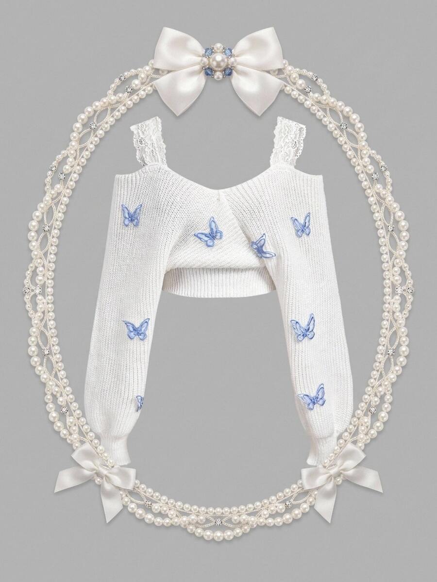 SHEIN MOD Women's 3D Butterfly Decor Off-Shoulder Sweater - White - View 1