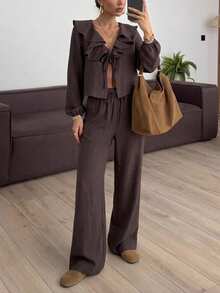 Serisse Setelan 2 Potong Wanita: Blus Lengan Panjang dengan Hiasan Ruffle dan Celana Pinggang Serut, Setelan Dua Potong Musim Gugur Cokelat, Atasan Peplum, Setelan Kasual untuk Wanita - Coklat - View 1