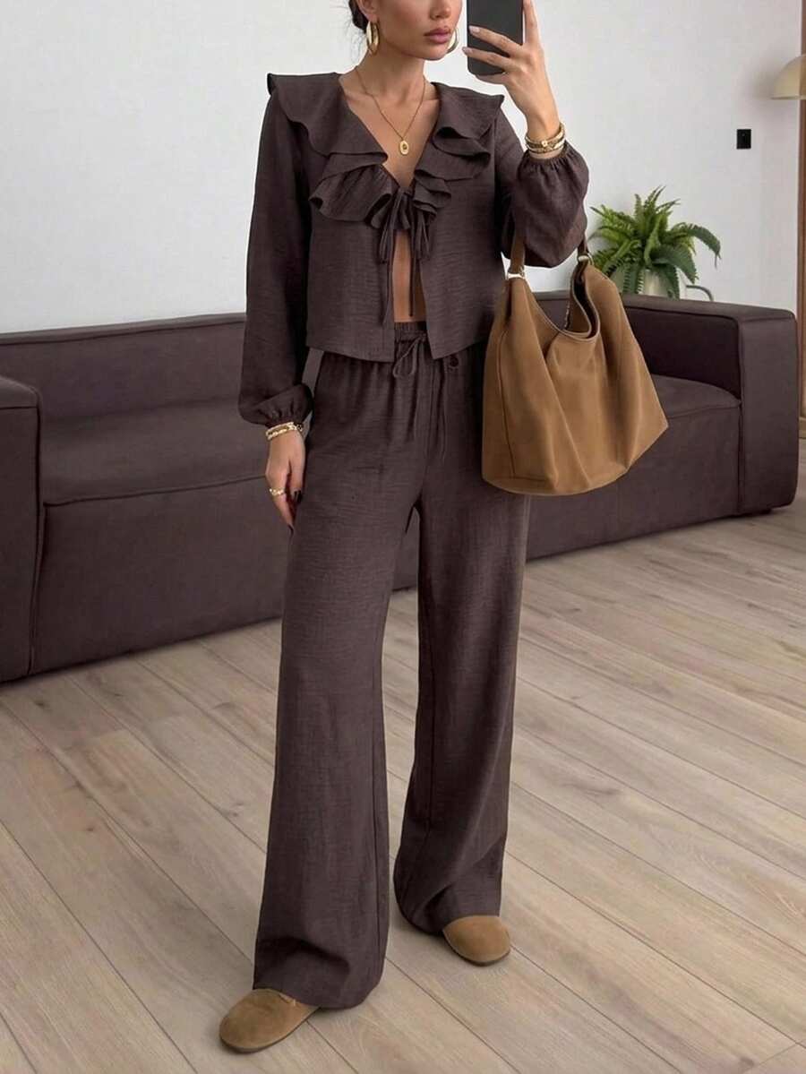 Serisse Setelan 2 Potong Wanita: Blus Lengan Panjang dengan Hiasan Ruffle dan Celana Pinggang Serut, Setelan Dua Potong Musim Gugur Cokelat, Atasan Peplum, Setelan Kasual untuk Wanita - Coklat - View 1
