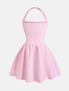 SHEIN 女童粉色紋理水波紋掛脖修身拼接抓皺A字迷你洋裝 針織紋理純色小派對洋裝 時尚優雅休閒童裝 - 淺粉色 - 查看 3