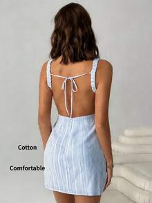 SHEIN EZwear 女士蓝色条纹编织露背无袖迷你连衣裙 - 藍白色 - 查看 7