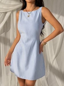 SHEIN EZwear 女士蓝色条纹编织露背无袖迷你连衣裙 - 藍白色 - 查看 3