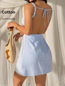 SHEIN EZwear 女士蓝色条纹编织露背无袖迷你连衣裙 - 藍白色 - 查看 8