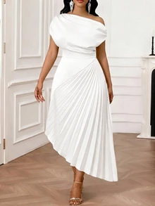 SHEIN Lady Plus Size Elegant Party Cocktail Formal Evening Formal Dinner Formal Solid Color Asymmetric Pleated Dress All All White Summer - White - View 5