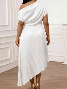 SHEIN Lady Plus Size Elegant Party Cocktail Formal Evening Formal Dinner Formal Solid Color Asymmetric Pleated Dress All All White Summer - White - View 7