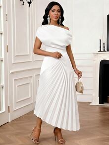SHEIN Lady Plus Size Elegant Party Cocktail Formal Evening Formal Dinner Formal Solid Color Asymmetric Pleated Dress All All White Summer - White - View 2