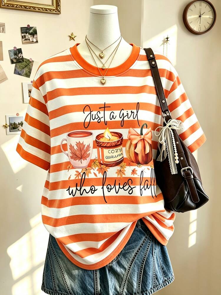 Lalippa Orange And White Horizontal Striped Round-Neck Short-Sleeve T-Shirt For Women With Halloween Pumpkin Print, Basic Versatile Casual Straight-Shoulder C - Khaki - View 8