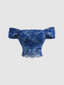 SHEIN MOD 女款大尺碼露肩綠色花卉印花復古短版上衣 - 藍色 - 查看 1