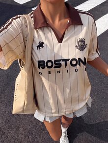 SHEIN 少女杏色撞色滚边领休闲宽松T恤 - 杏色 - 查看 3