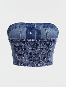 SHEIN MOD 女款單排扣修身時尚抹胸牛仔上衣 夏季外出夜店演唱會穿搭 海軍藍休閒款 - 深色水洗藍 - 查看 3