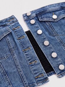 SHEIN MOD 女款單排扣修身時尚抹胸牛仔上衣 夏季外出夜店演唱會穿搭 海軍藍休閒款 - 深色水洗藍 - 查看 5