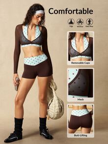 VARSIVA Women's Polka Dot Patchwork Cropped Top & Shorts Sports Set - Multicolor - View 12
