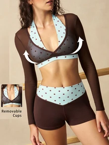 VARSIVA Women's Polka Dot Patchwork Cropped Top & Shorts Sports Set - Multicolor - View 3