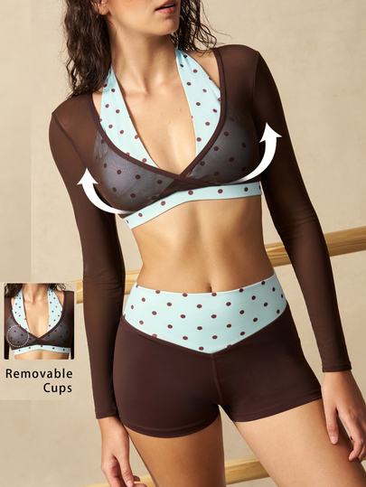 VARSIVA Women's Polka Dot Patchwork Cropped Top & Shorts Sports Set