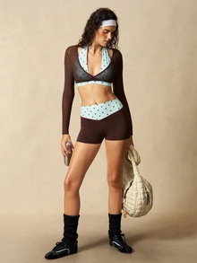 VARSIVA Women's Polka Dot Patchwork Cropped Top & Shorts Sports Set - Multicolor - View 10