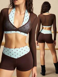 VARSIVA Women's Polka Dot Patchwork Cropped Top & Shorts Sports Set - Multicolor - View 13