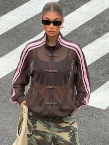 Muchica 女款棕色與粉色拼接網格扭結扣鈕扣時尚薄款夾克 - 棕色 - 查看 7