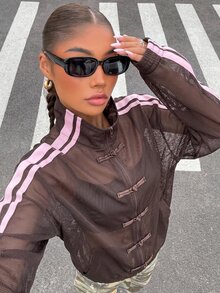 Muchica 女款棕色與粉色拼接網格扭結扣鈕扣時尚薄款夾克 - 棕色 - 查看 4