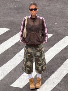 Muchica 女款棕色與粉色拼接網格扭結扣鈕扣時尚薄款夾克 - 棕色 - 查看 5
