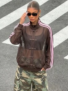 Muchica 女款棕色與粉色拼接網格扭結扣鈕扣時尚薄款夾克 - 棕色 - 查看 3
