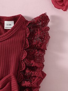 SHEIN 新生女嬰夏季純白色甜美公主風蕾絲蝴蝶結花卉刺繡無袖連身裙 可愛優雅洗禮服套裝 - 紅色 - 查看 7