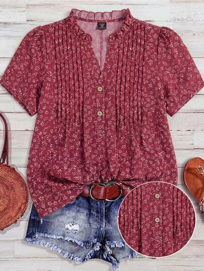 Franclia Plus Size Summer Floral Chiffon Round Neck Short Sleeve Patchwork Brunch Office Airport Vacation Ruffle Hem Women 90s Casual Goth Burgundy