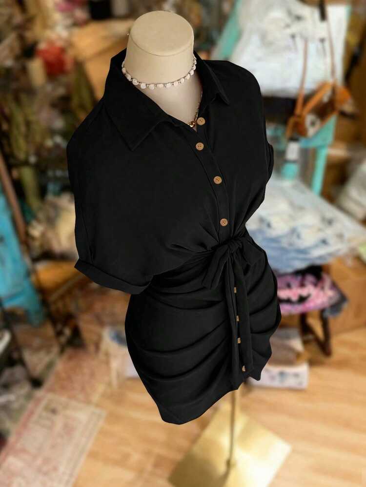 EMERY ROSE Vestido camisero de mujer de unicolor con lazo, volantes y manga corta - Negro - Añade 4