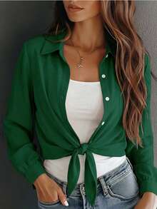 Franclia Stylish Dark Green Semi-Sheer Shirt Collar Top With Long Bishop Sleeves And Front Knot - Dark Green - View 8