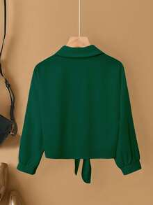 Franclia Stylish Dark Green Semi-Sheer Shirt Collar Top With Long Bishop Sleeves And Front Knot - Dark Green - View 2