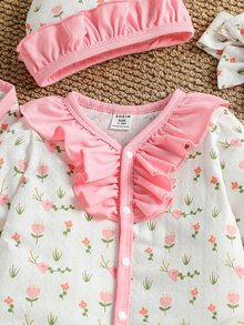 SHEIN 新生女嬰清新碎花套裝，包含包巾、帽子、手套、圍兜、髮帶和連身衣，柔軟舒適面料，適合日常穿著，禮品 - 淺粉色 - 查看 7