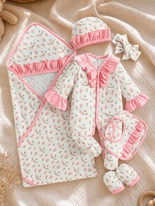 SHEIN 新生女嬰清新碎花套裝，包含包巾、帽子、手套、圍兜、髮帶和連身衣，柔軟舒適面料，適合日常穿著，禮品 - 淺粉色 - 查看 2