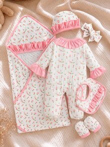 SHEIN 新生女嬰清新碎花套裝，包含包巾、帽子、手套、圍兜、髮帶和連身衣，柔軟舒適面料，適合日常穿著，禮品 - 淺粉色 - 查看 3