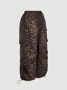 SHEIN MOD 大码豹纹工装裤，女士直筒休闲裤，宽松豹纹裤，复古集市风，酒红色，秋季，高个女款，宽松女款，新年，情人节 - 彩色 - 查看 2